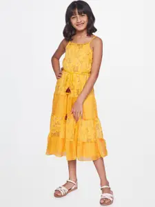 Global Desi Mustard Yellow Floral Chiffon A-Line Midi Dress