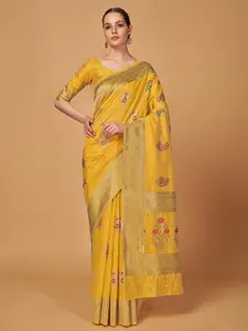 MONJOLIKA FASHION Yellow & Gold-Toned Woven Design Zari Silk Blend Banarasi Saree