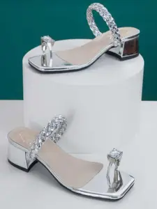 Shoetopia Women Silver-Toned Embellished Party Block Sandals