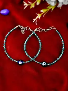 Silvermerc Designs Set Of 2 Silver-Plated Blue & Green Beaded Evil Eye Anklet