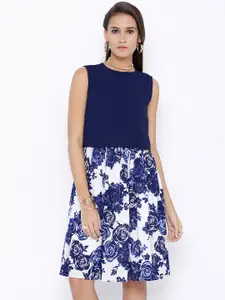 Tokyo Talkies Women Navy & White Floral Print Fit and Flare Dress