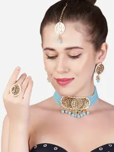 Zaveri Pearls Blue & Peach Multistrand Kundan Crescent Choker Necklace Earring Maangtikka & Ring Set
