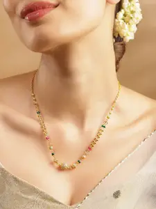 Rubans 18K Gold-Plated Cubic Zirconia Stone Gold, Green & Pink Beaded Matar Mala Necklace