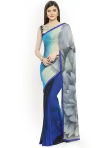 Shaily Blue & Green Floral Printed Pure Georgette Saree