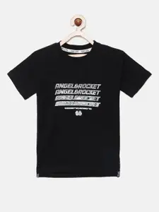 Angel & Rocket Boys Black Typography Printed Cotton T-shirt