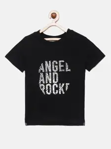 Angel & Rocket Boys Black Typography Printed T-shirt