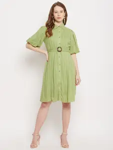Madame Green Self Designed Puffed Sleeves 100% Cotton Belt Shirt Dress