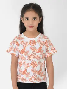 Crimsoune Club Girls White & Orange Tropical Printed Cotton Slim Fit T-shirt