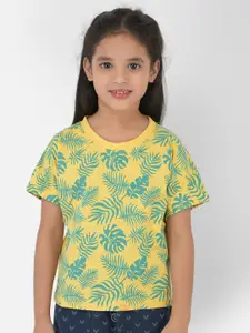 Crimsoune Club Girls Yellow & Blue Tropical Printed Cotton Slim Fit T-shirt