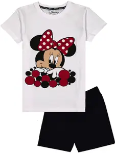 KINSEY Girls White & Black Minnie Mouse Printed Pure Cotton T-shirt with Shorts