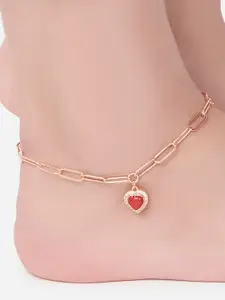 MINUTIAE Rose Gold-Plated Red Onyx & White Stone-Studded Heart Charm Anklet