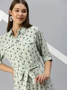 SHOWOFF Green Floral Shirt Midi Dress
