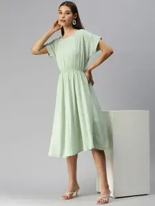 SHOWOFF Green Striped Crepe A-Line Midi Dress