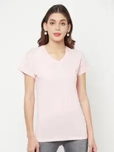 Crimsoune Club Women Pink V-Neck Slim Fit T-shirt