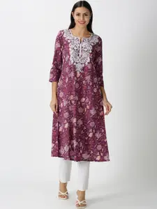 Saffron Threads Women Purple Floral A-line Kurta with Lucknowi Chikankari Embroidered Neck