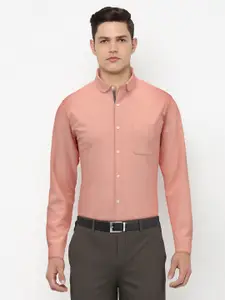 Peter England Men Peach-Coloured Self-Design Slim Fit Pure Cotton Formal Shirt