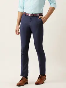 Peter England Men Navy Blue Self Designed Slim Fit Formal Trousers