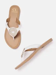 Carlton London Women White & Gold-Toned Embellished Open Toe Flats