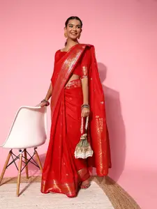 Mitera Red Ethnic Motifs Zari Silk Blend Banarasi Saree