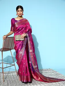 Mitera Magenta & Gold-Toned Ethnic Motifs Silk Blend Banarasi Saree