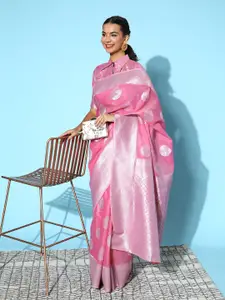 Mitera Pink & Silver Ethnic Motifs Pure Linen Saree