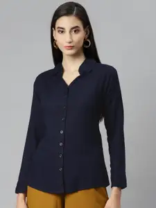 Aarika Women Navy Blue Solid Pure Cotton Classic Casual Shirt