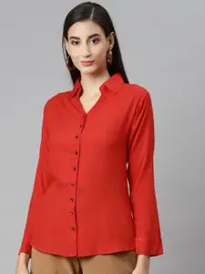 Aarika Women Red Solid Pure Cotton Classic Casual Shirt
