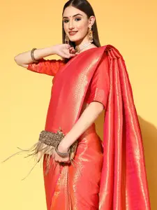 Saree mall Peach-Coloured & Golden Ethnic Motifs Silk Blend Sarees