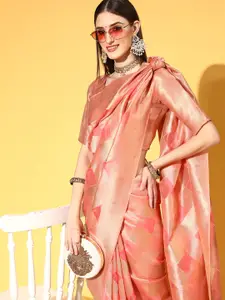 Saree mall Peach-Coloured & Golden Checked Organza Sarees
