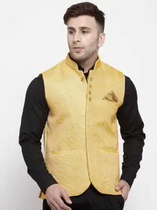 KLOTTHE Men Yellow Woven Design Nehru Jackets