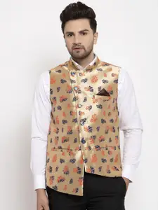 KLOTTHE Men Gold-Coloured Woven Design Nehru Jackets
