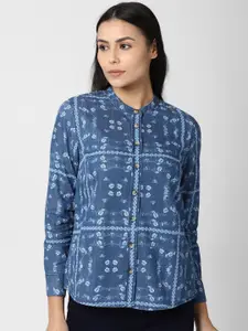 Van Heusen Woman Blue Print Mandarin Collar Shirt Style Top