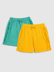 YK Teen Girls Set of 2 Green & Yellow Printed Cotton Shorts