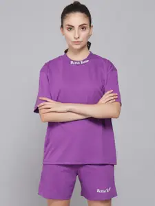 GRIFFEL Women Purple Solid T-shirt with Shorts Co-Ords