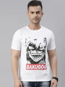 Bushirt Men White Cotton Printed Applique Anime T-shirt