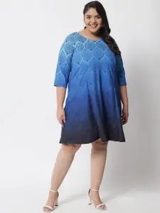 Amydus Plus Size Blue Ethnic Motifs Printed A-Line Dress