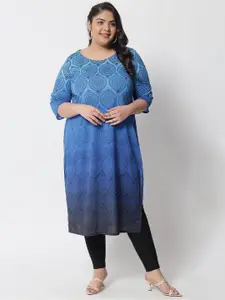 Amydus Woman Plus Size Blue Floral Printed Round Neck Straight Kurti