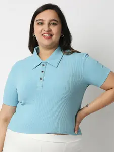 20Dresses Women Blue Solid Polo Collar Slim Fit T-shirt