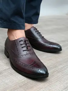 San Frissco Men Maroon Textured Genuine Leather Formal Brogue Shoes