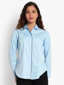 Indietoga Women Plus Size Blue Solid Slim Fit Cotton Formal Shirts