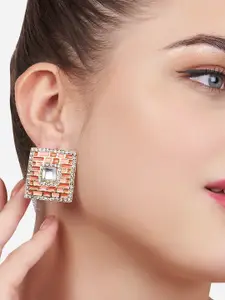 Zaveri Pearls Peach-Coloured Meenakari Square Studs Earrings
