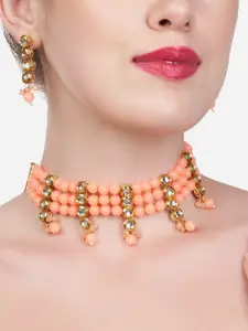Zaveri Pearls Peach Multistrand Beaded Kundan Choker Necklace & Earring Set