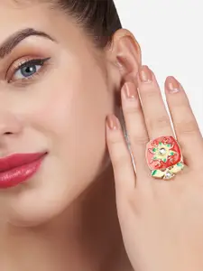 Zaveri Pearls Red & Gold-Plated Kundan Stone-Studded Floral Finger Ring