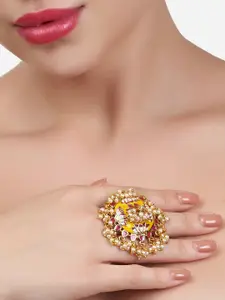 Zaveri Pearls Gold-Plated Yellow & Pink Meenakari Lotus Design Cluster Pearls Ring