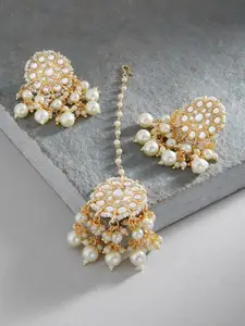 Zaveri Pearls White & Gold-Plated Kundan-Studded & Beaded Earring & Maang Tikka Set