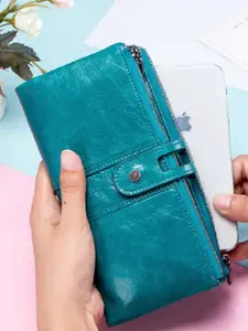 CONTACTS Women Teal Blue Textured Leather Zip Around Wallet