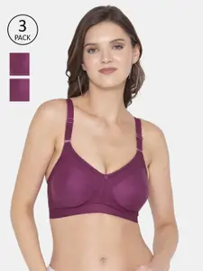 Souminie Magenta Solid Cotton Non Padded Bra Pack Of 3