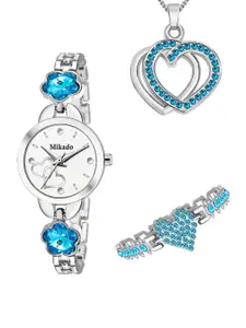 Mikado Women White Brass Embellished Dial & Silver Toned Stainless Steel Watch Gift Set