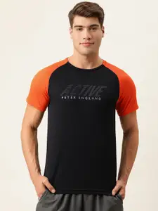 Peter England Men Black Brand Logo Printed Dry Tech Slim Fit T-shirt