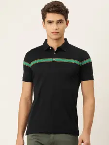 Peter England Men Navy Blue & Green Striped Polo Collar T-shirt